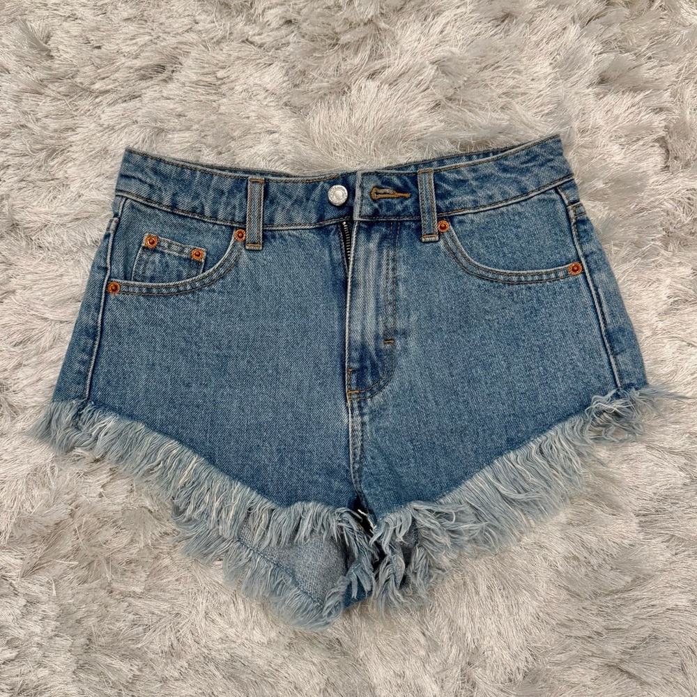 Topshop Blue Jean Shorts High-Waisted Frayed Hem